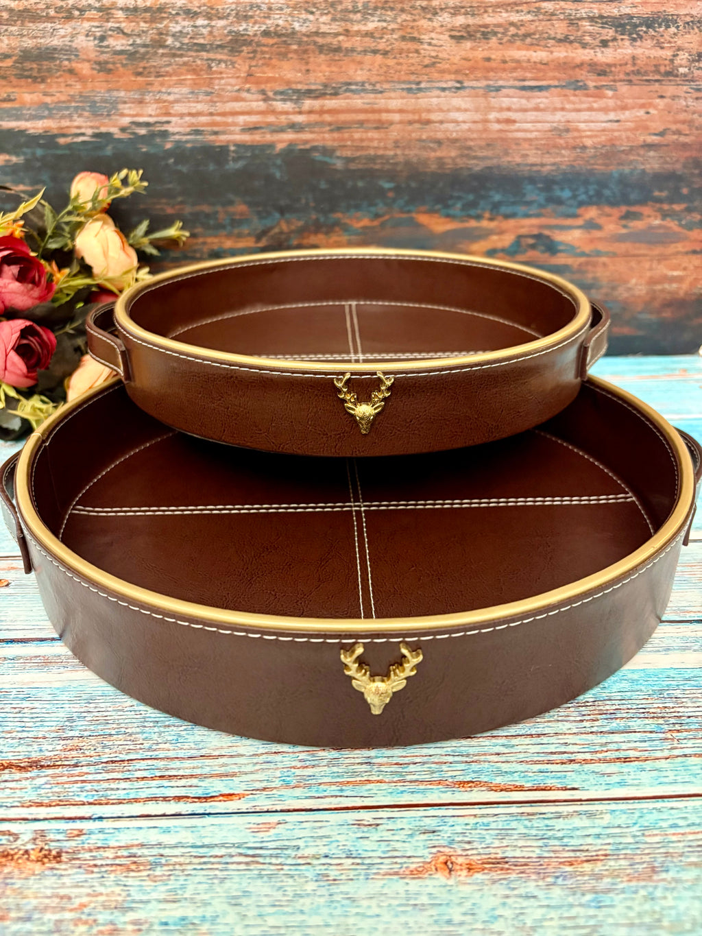 Brown Leatherite Set Of 2 Trays