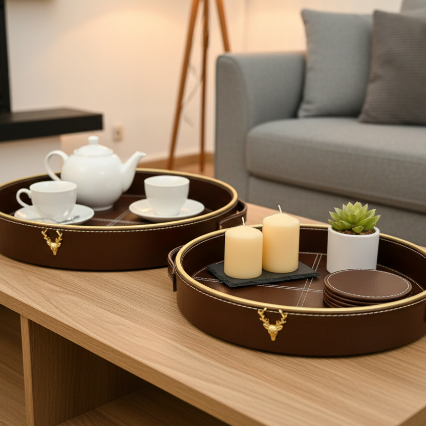 Brown Leatherite Set Of 2 Trays