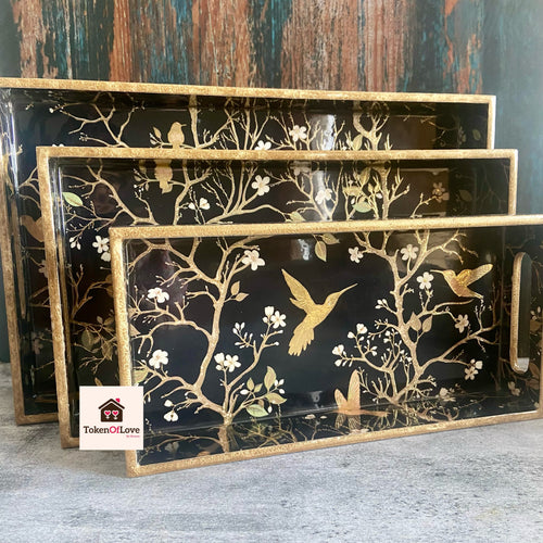 Black Bird Print Tray Set Of 3