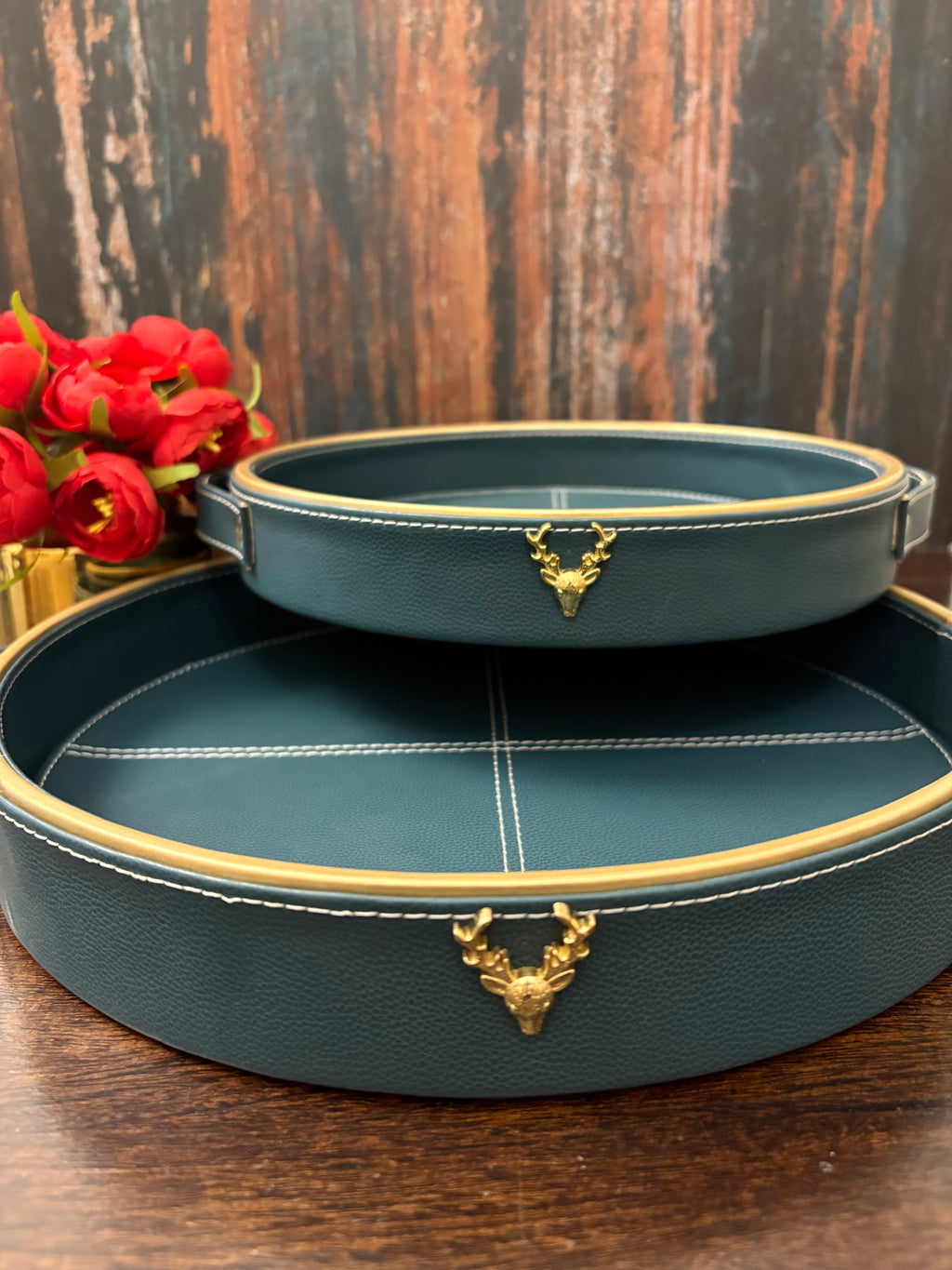Green Leatherite Set Of 2 Trays