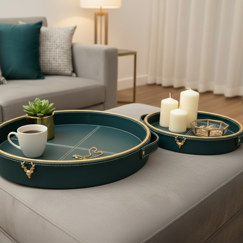 Green Leatherite Set Of 2 Trays