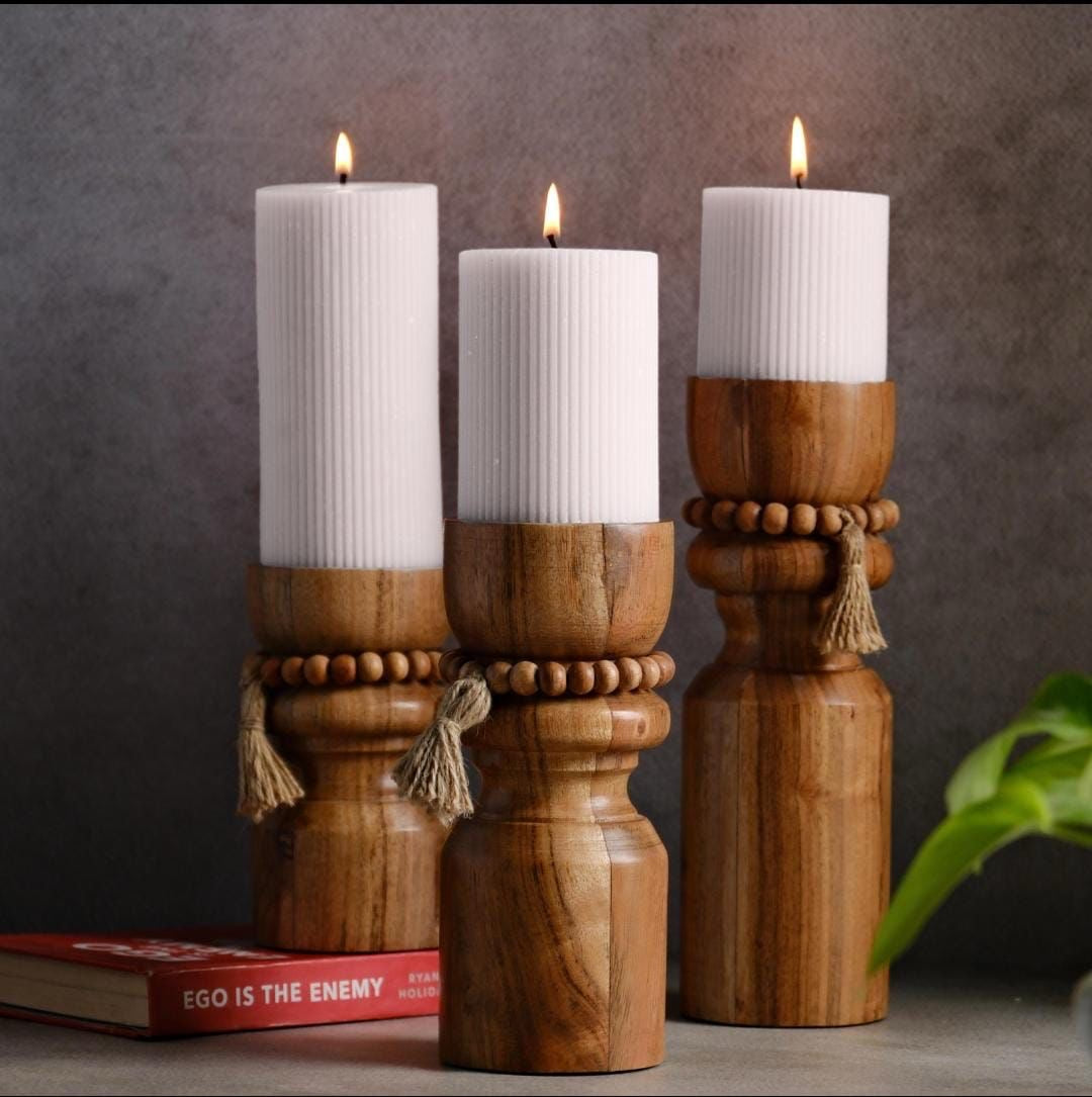 Set of 3 Wooden Candle Holders