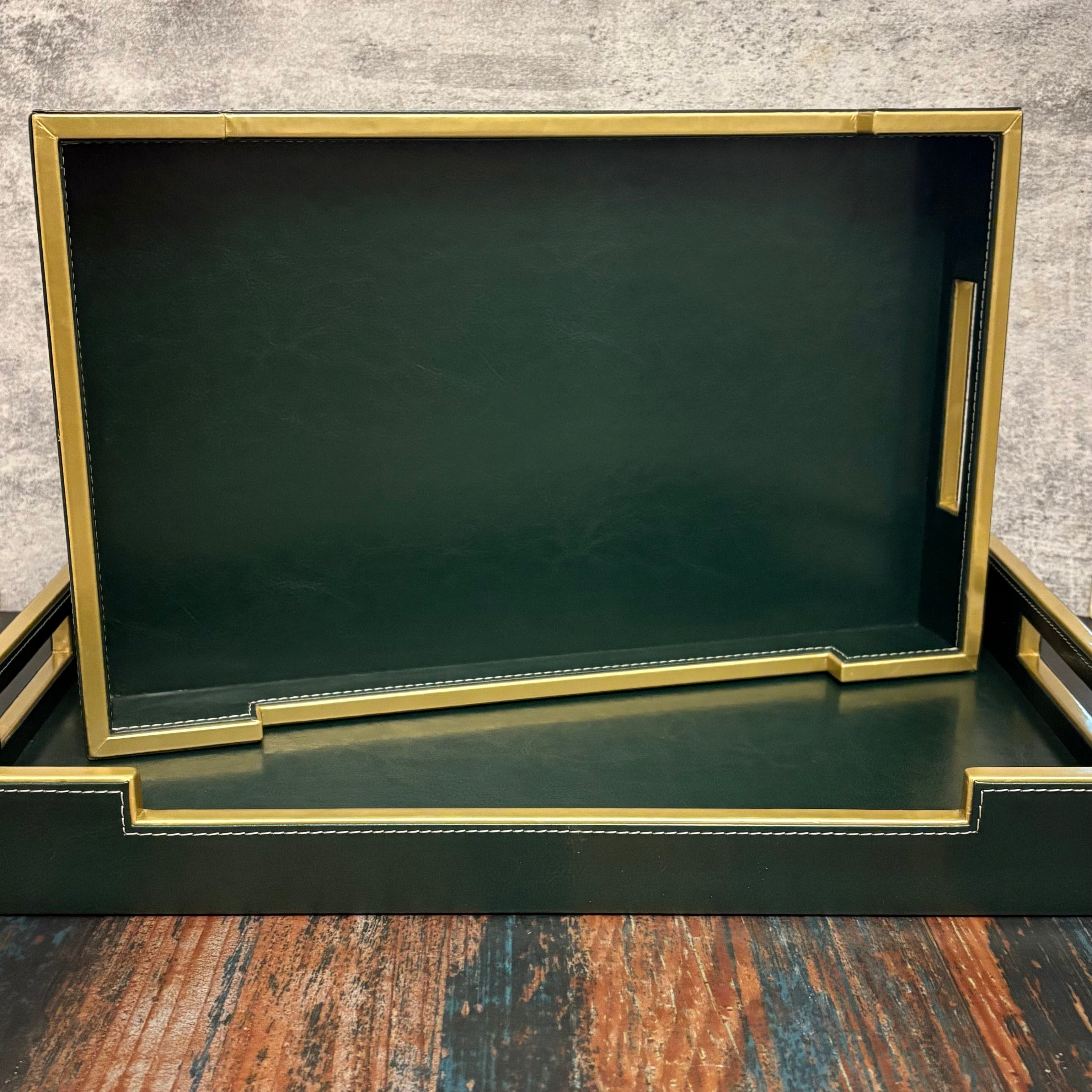 Leatherite Green Set Of 2 Trays