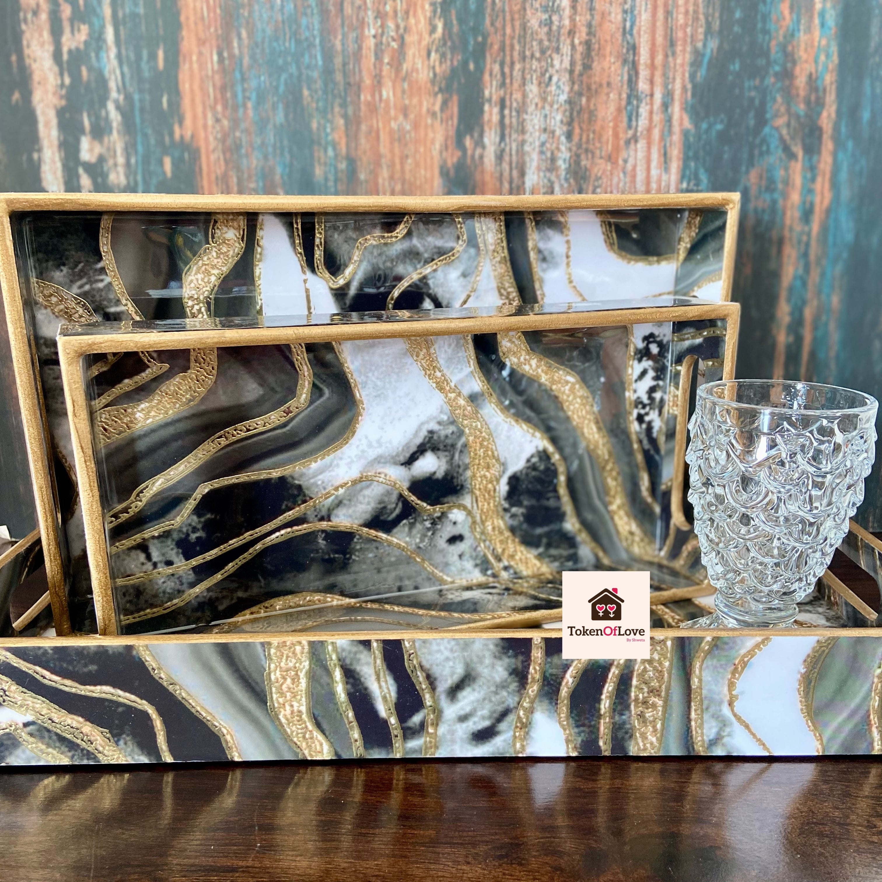 Black Gold Fluid Print Tray Set Of 3