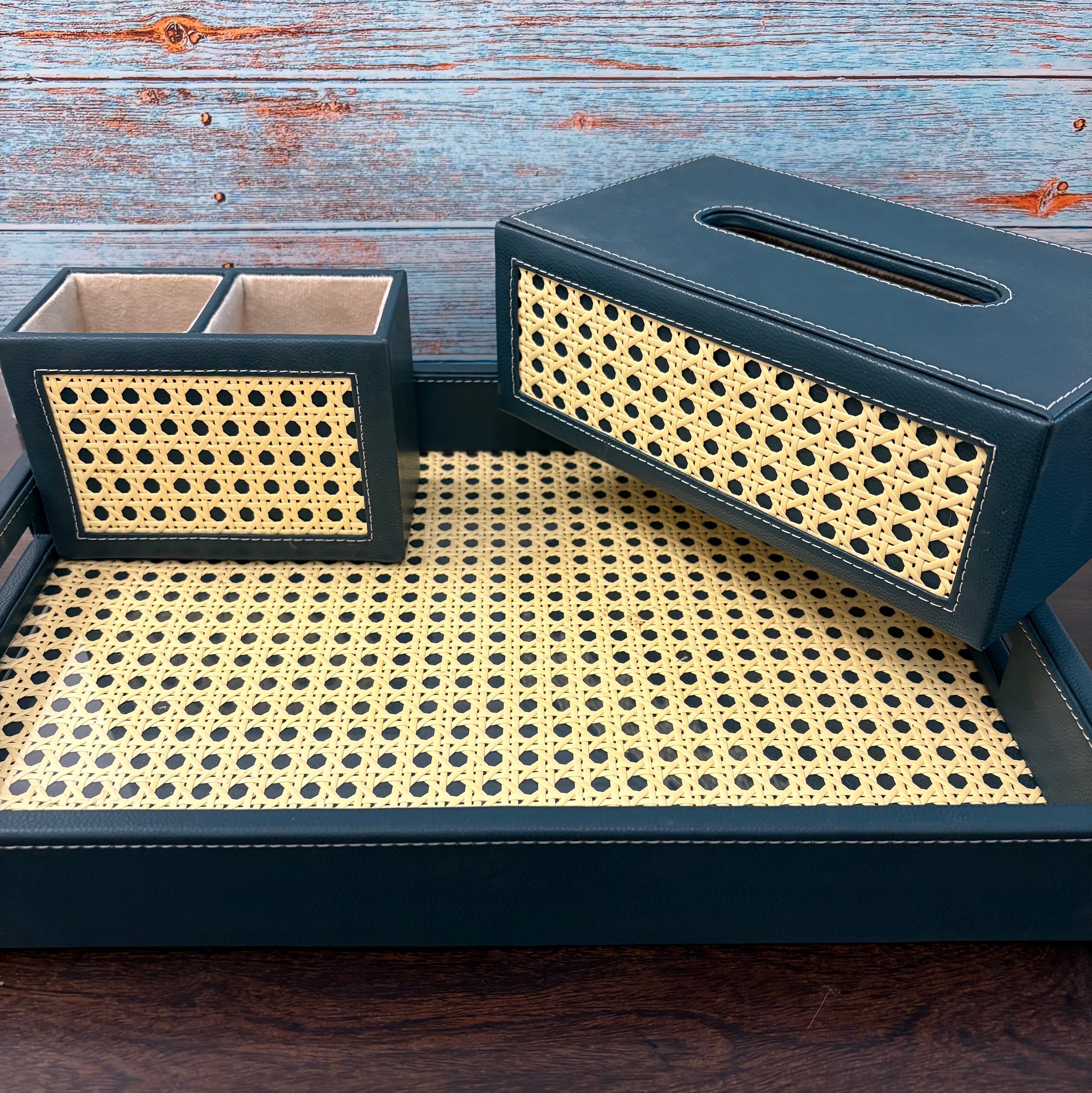 Green Rattan Tray Set With Tissue Box And Cutlery Holder
