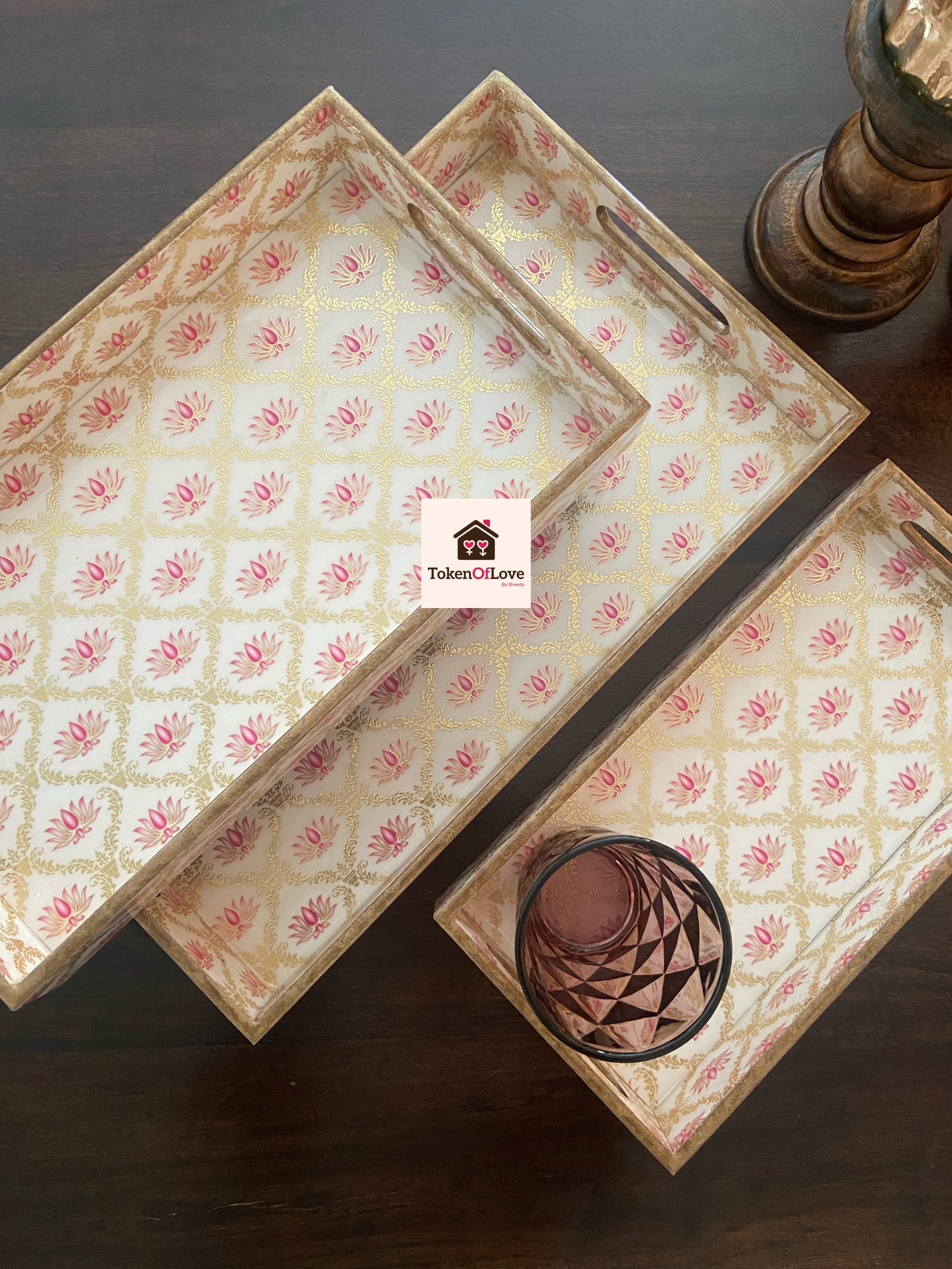 Lotus Print Tray Set Of 3