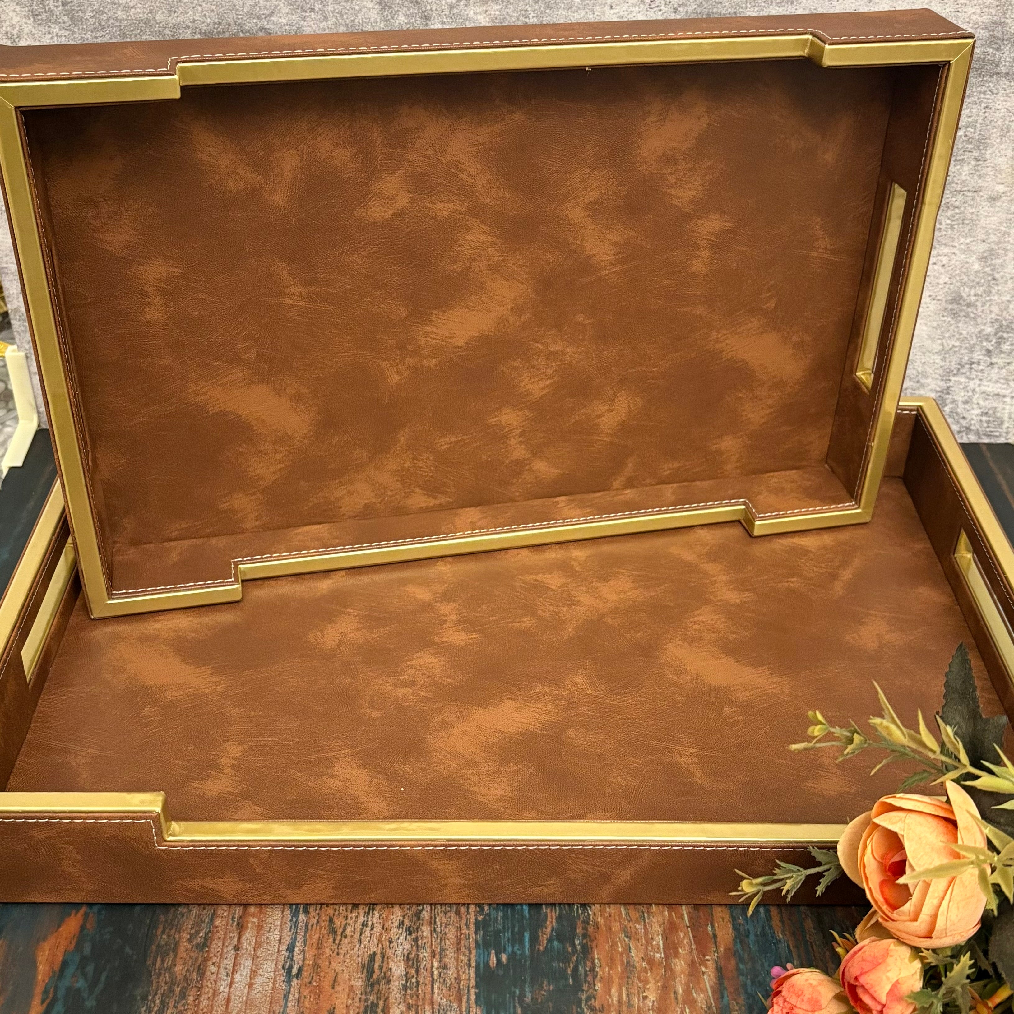 Leatherite Brown Tray Set Of 2