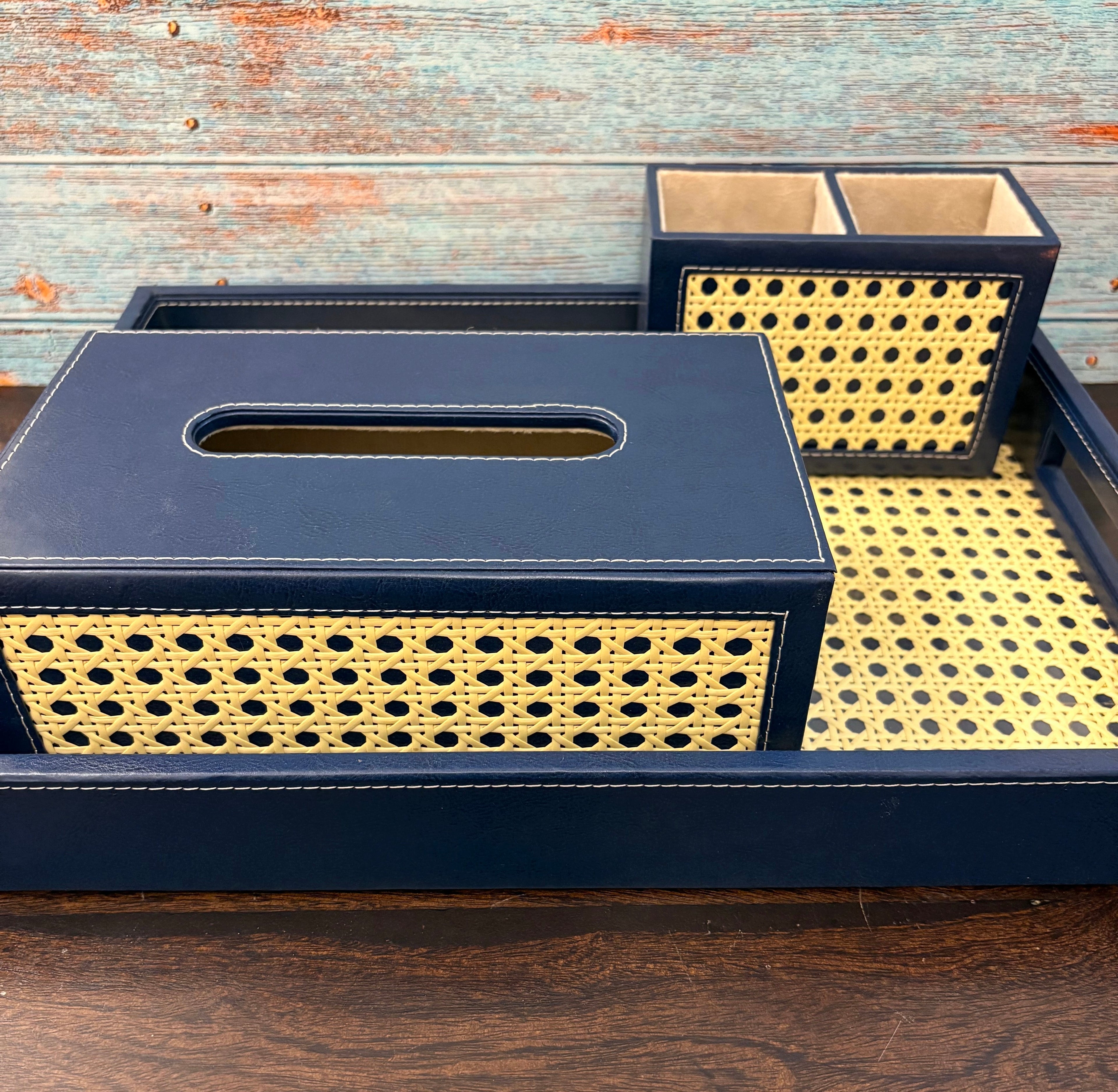 Blue Rattan Tray With Tissue Box And Cutlery Holder